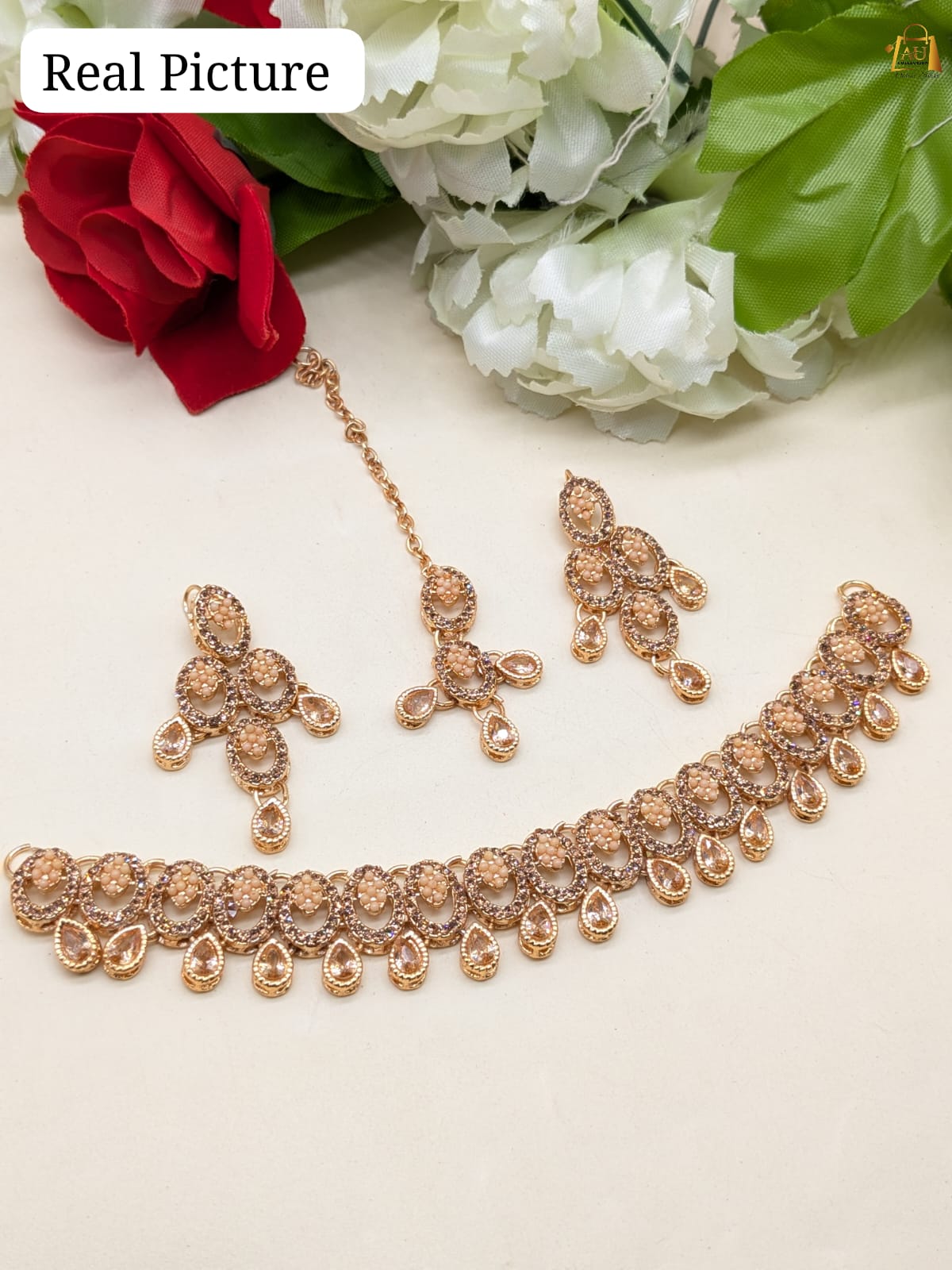 Stunning Champagne Choker Set with Matching Earrings & Tikka – Perfect for Any Occasion - Image 2
