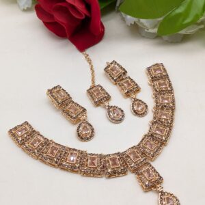 Stunning Champagne Choker Set with Matching Earrings & Tikka – Perfect for Any Occasion