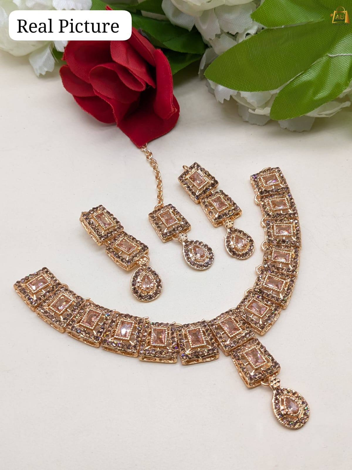 Stunning Champagne Choker Set with Matching Earrings & Tikka – Perfect for Any Occasion