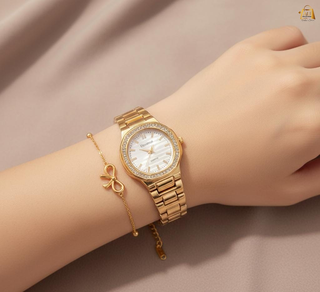 Premium Gift Set Collection – Ladies Jewelry Watch & Stainless Steel Bracelet (With Gift Box)